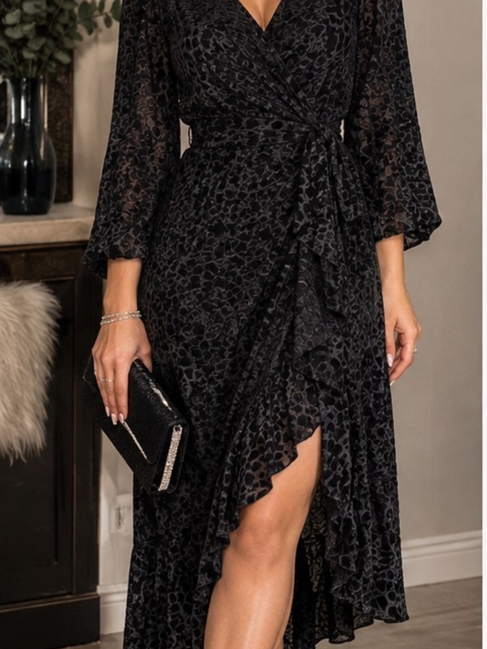 Calvin Klein Black Wrap Midi Dress with Ruffle Detail